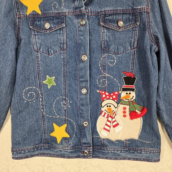 VTG Bleu Bayou Blue Denim Jacket sz M Snowman Winter Holiday Christmas Cotton - Picture 3 of 16